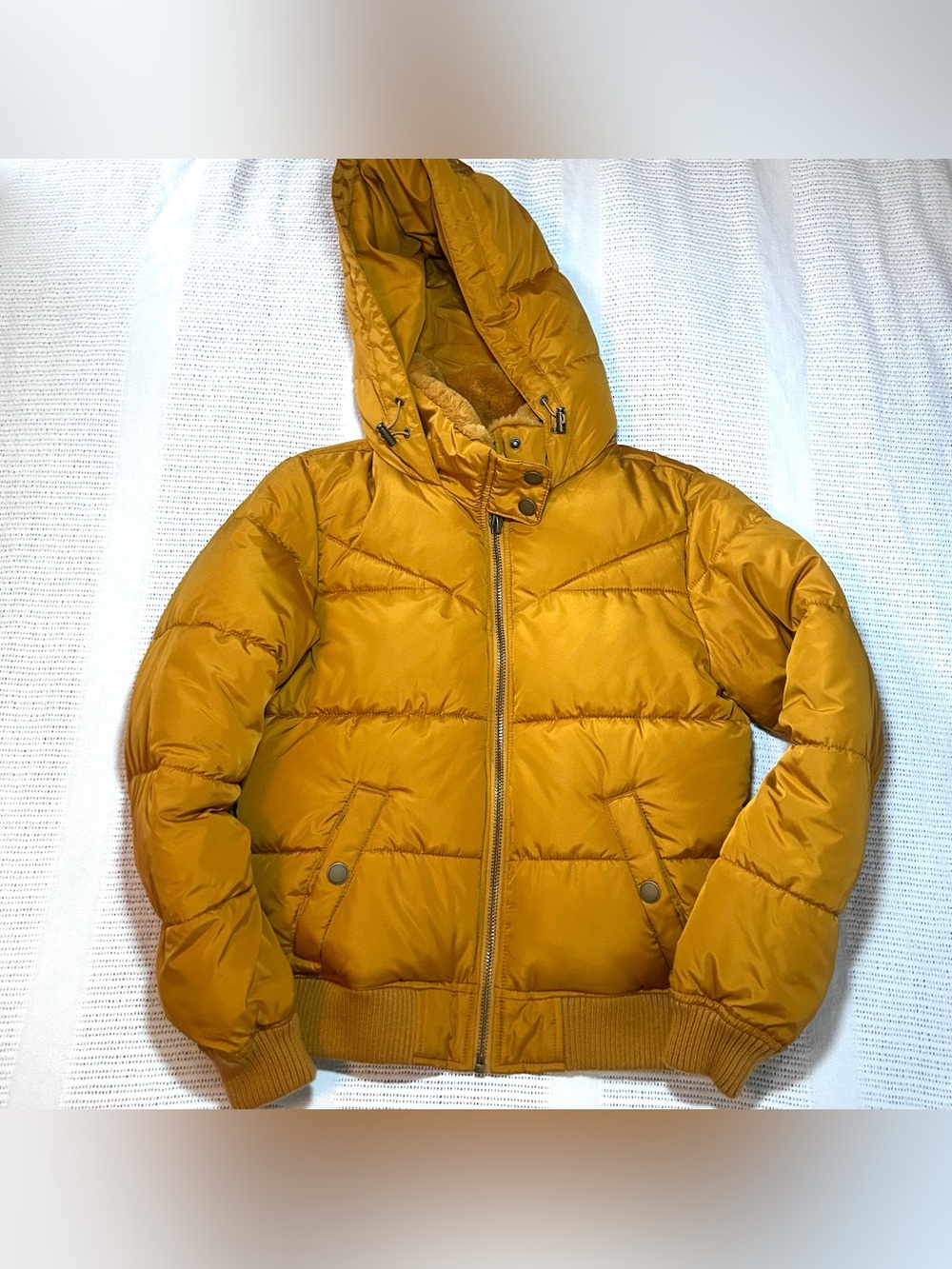 Aeropostale Remixed Down Hooded Puffer Jacket Women’s Small Mustard Yellow